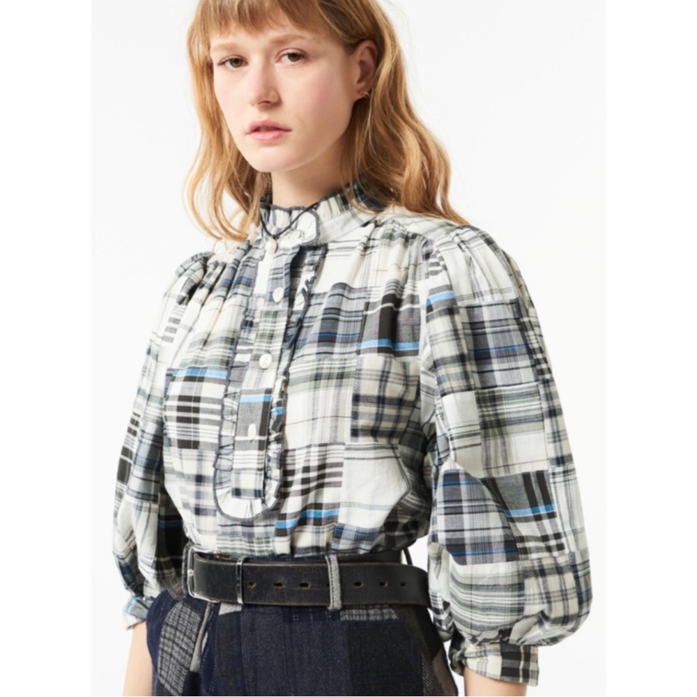 ANTIK BATIK | Jerro Ruffle-Trimmed Patchwork Checked Cotton Blouse, Size XS